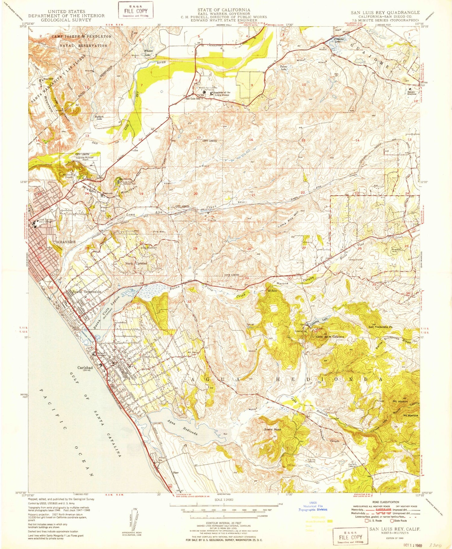 Classic USGS San Luis Rey California 7.5'x7.5' Topo Map Image