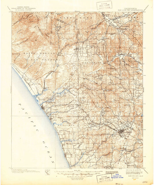 Historic 1901 San Luis Rey California 30'x30' Topo Map Image