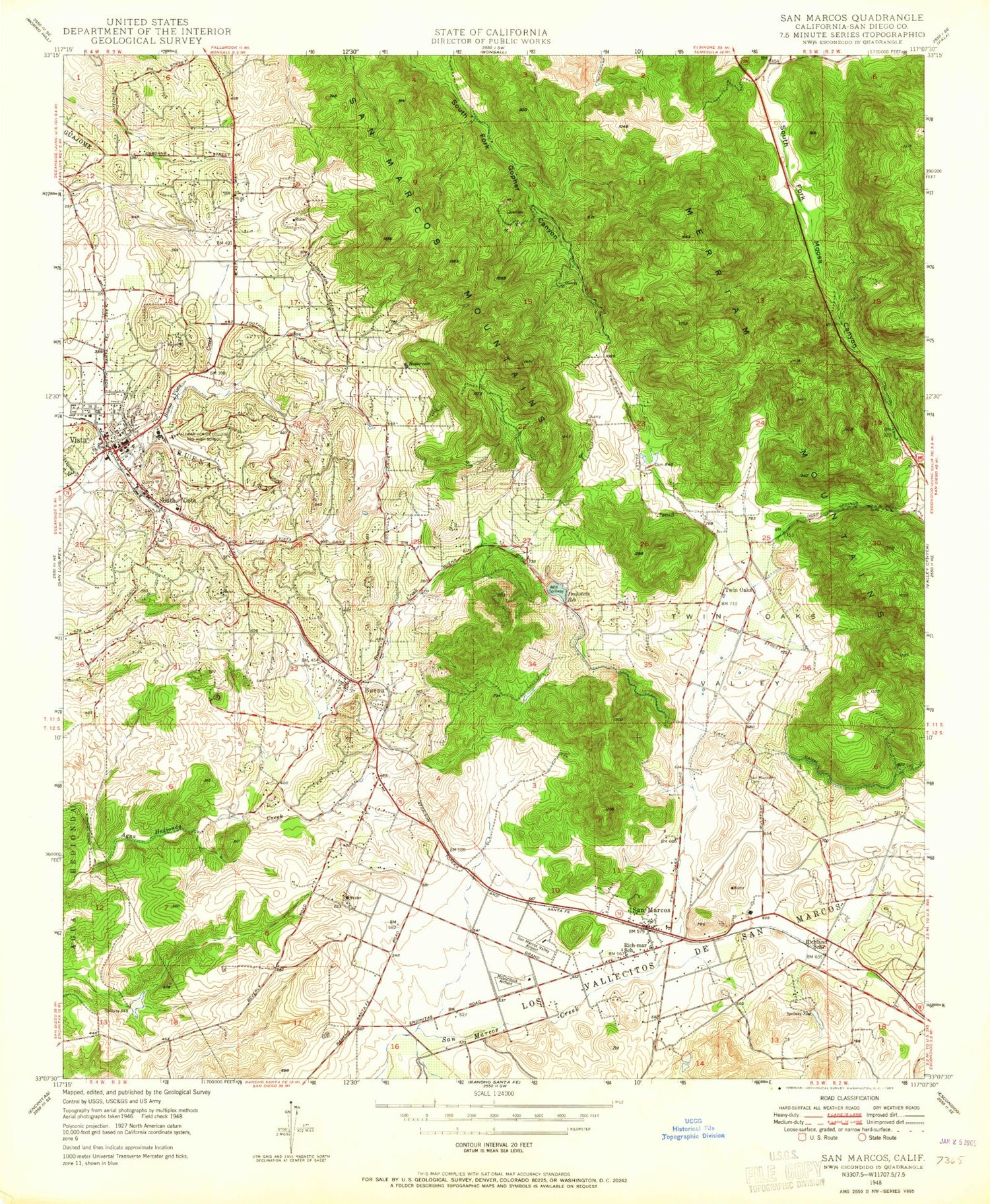 Classic USGS San Marcos California 7.5'x7.5' Topo Map Image