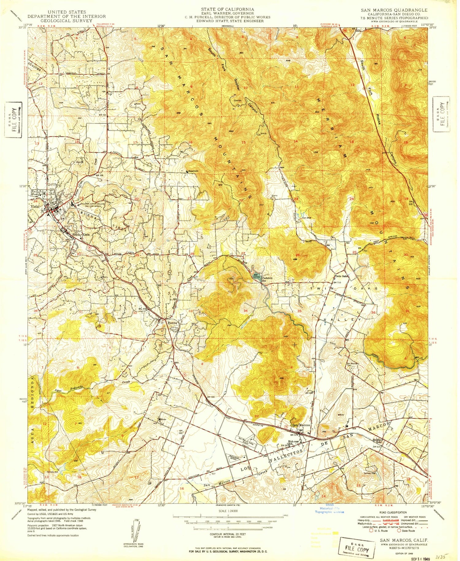 Classic USGS San Marcos California 7.5'x7.5' Topo Map Image