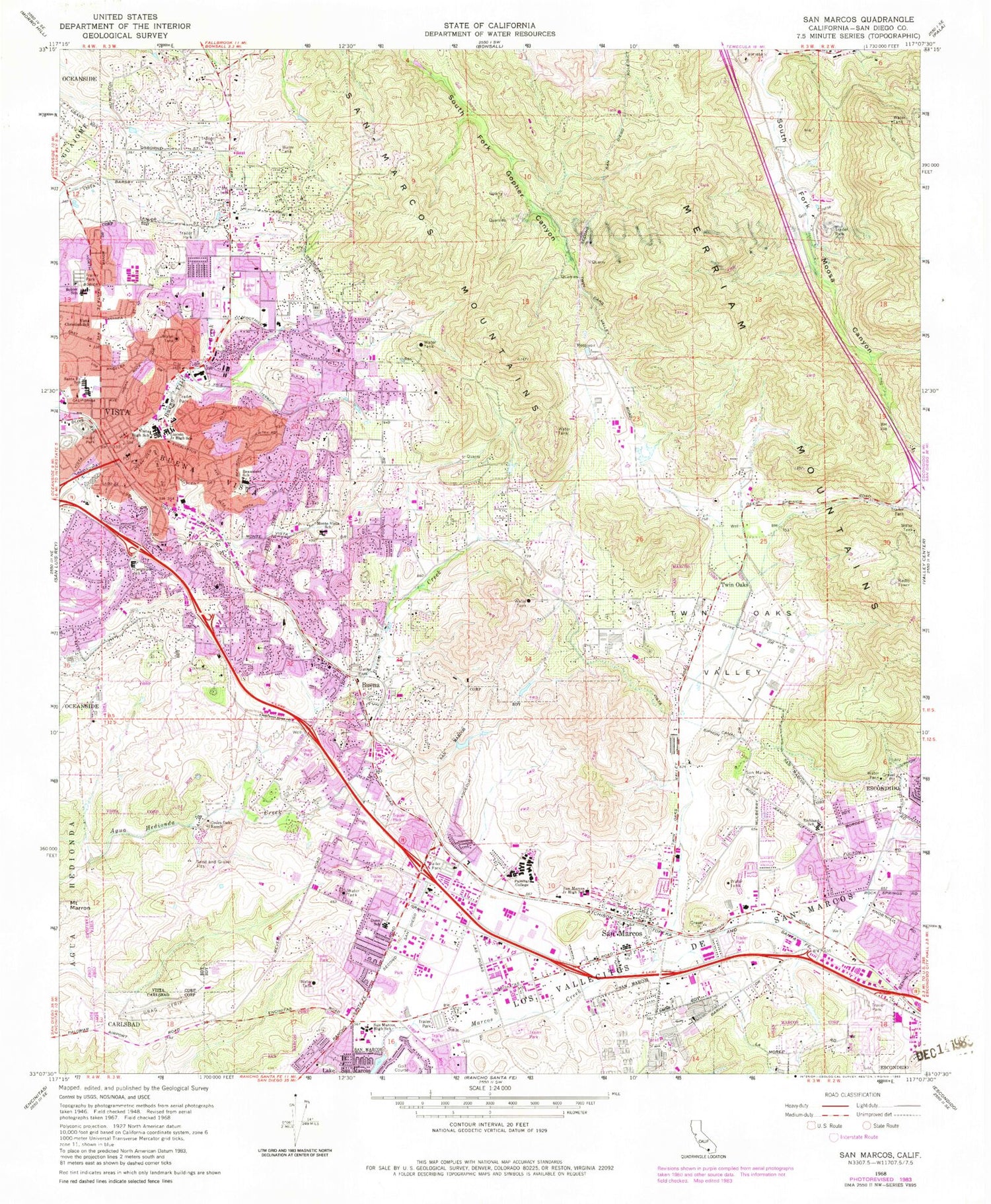 Classic USGS San Marcos California 7.5'x7.5' Topo Map Image