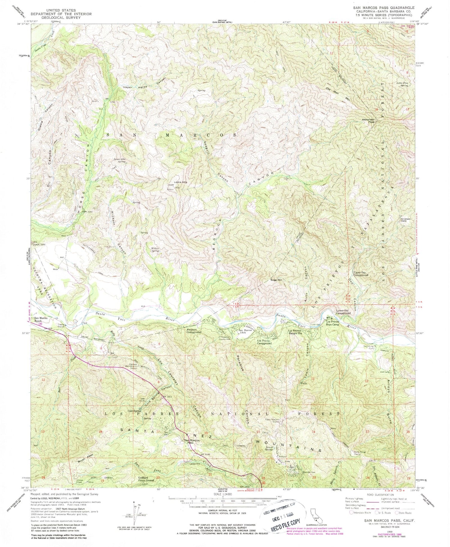 Classic USGS San Marcos Pass California 7.5'x7.5' Topo Map Image