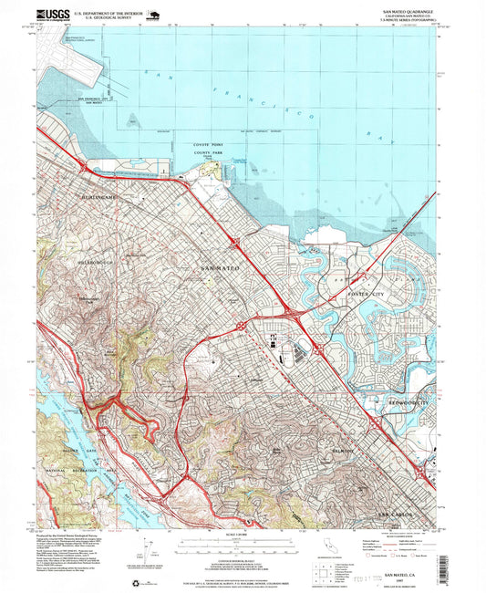 Classic USGS San Mateo California 7.5'x7.5' Topo Map Image