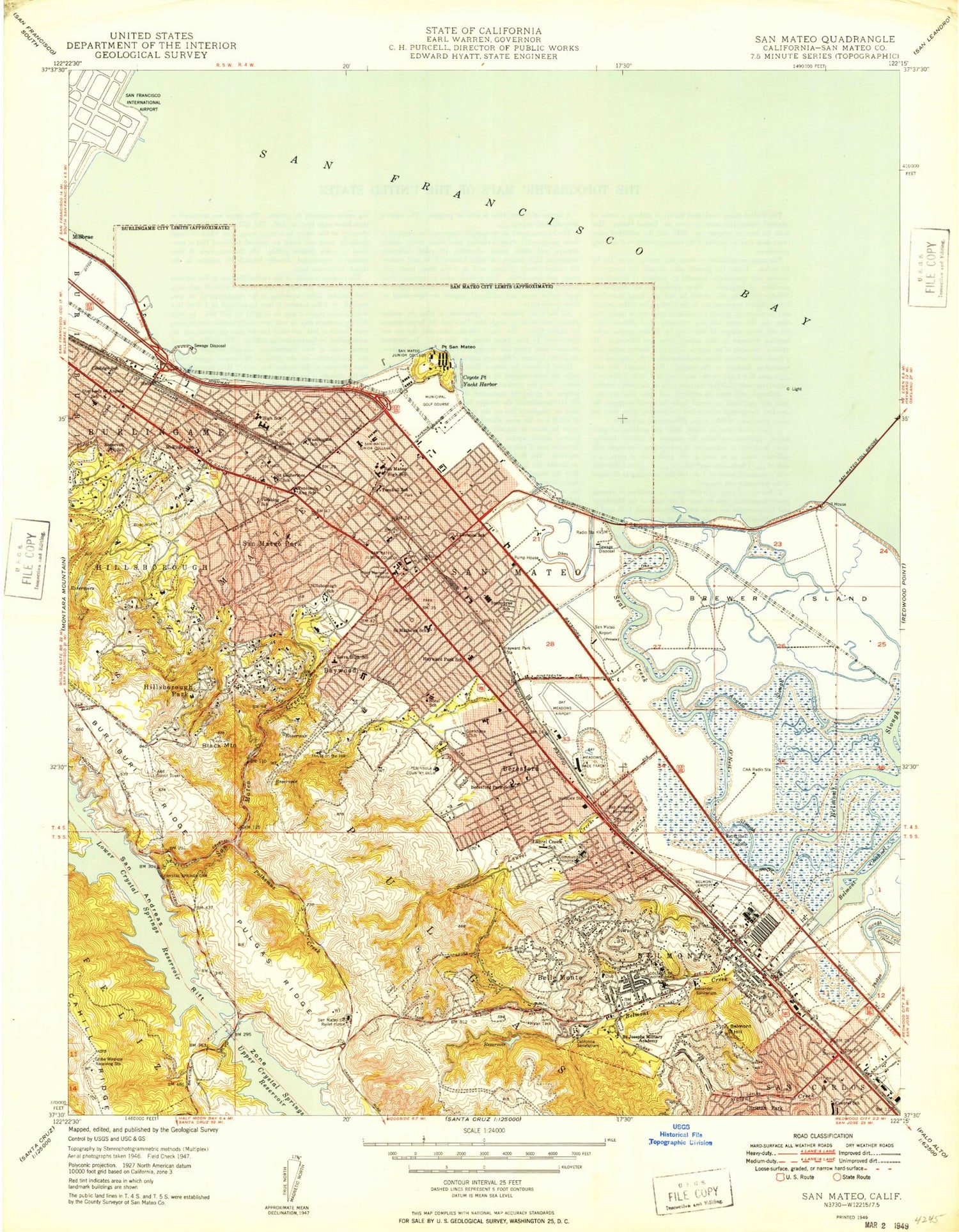 Classic USGS San Mateo California 7.5'x7.5' Topo Map Image