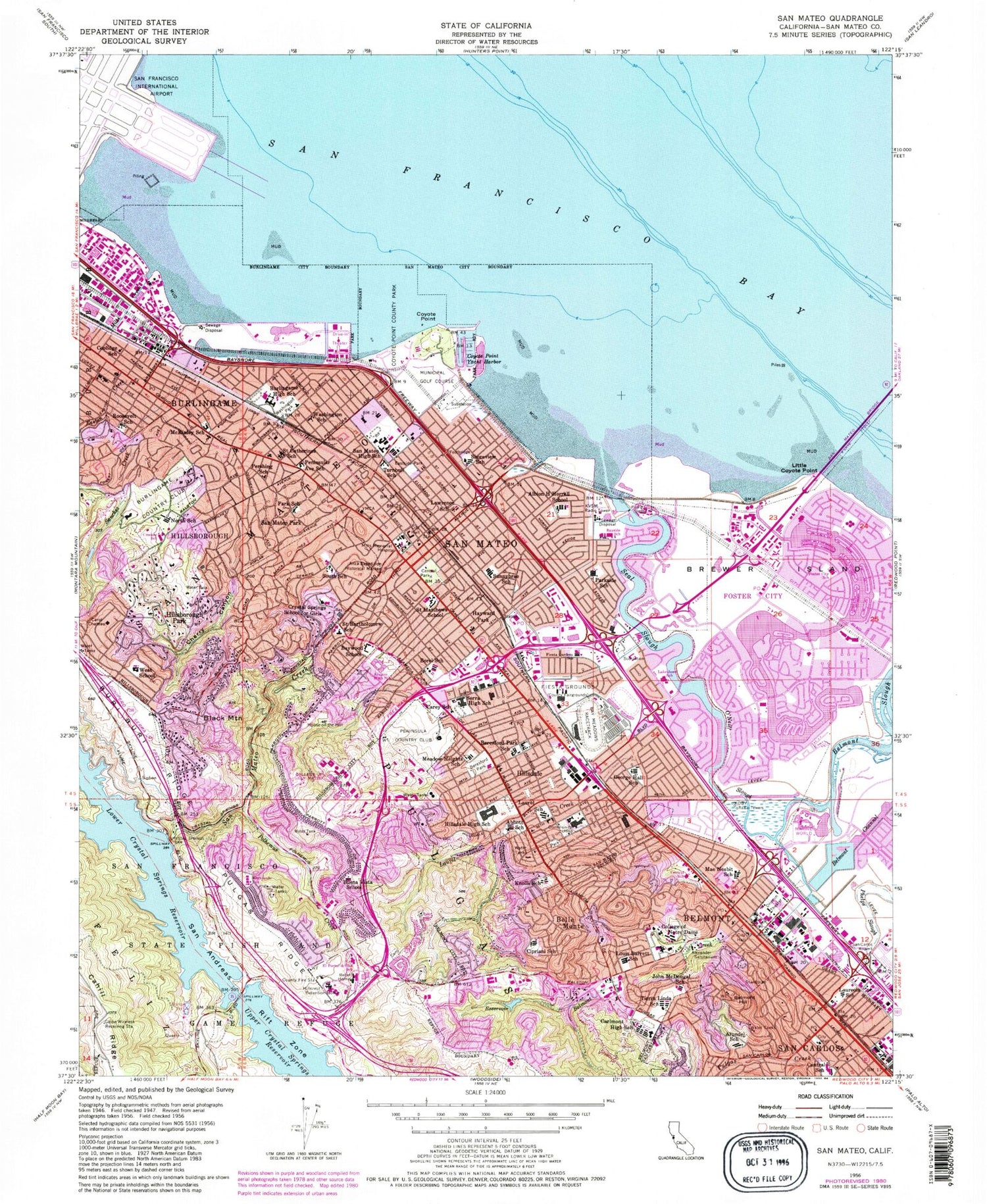 Classic USGS San Mateo California 7.5'x7.5' Topo Map Image