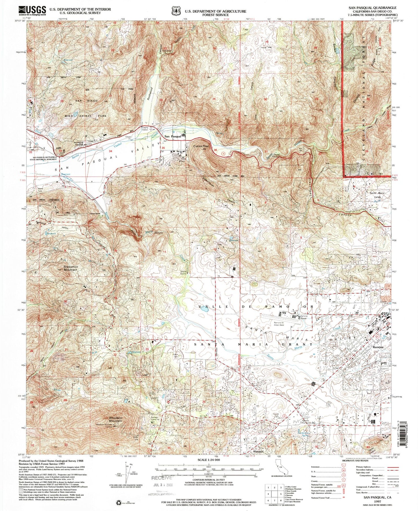 Classic USGS San Pasqual California 7.5'x7.5' Topo Map Image