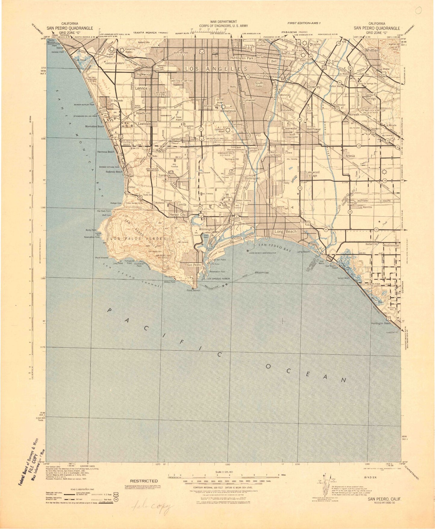 Historic 1943 Los Angeles South California 30'x30' Topo Map Image