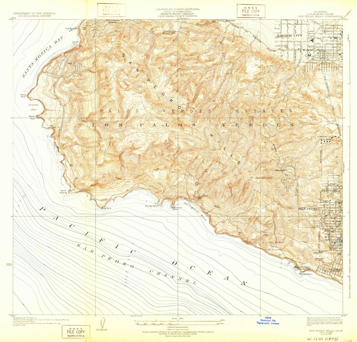 Classic USGS San Pedro Hills California 7.5'x7.5' Topo Map Image