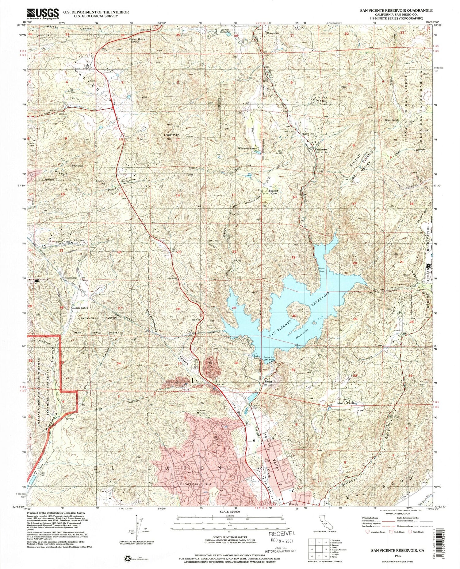 Classic USGS San Vicente Reservoir California 7.5'x7.5' Topo Map Image
