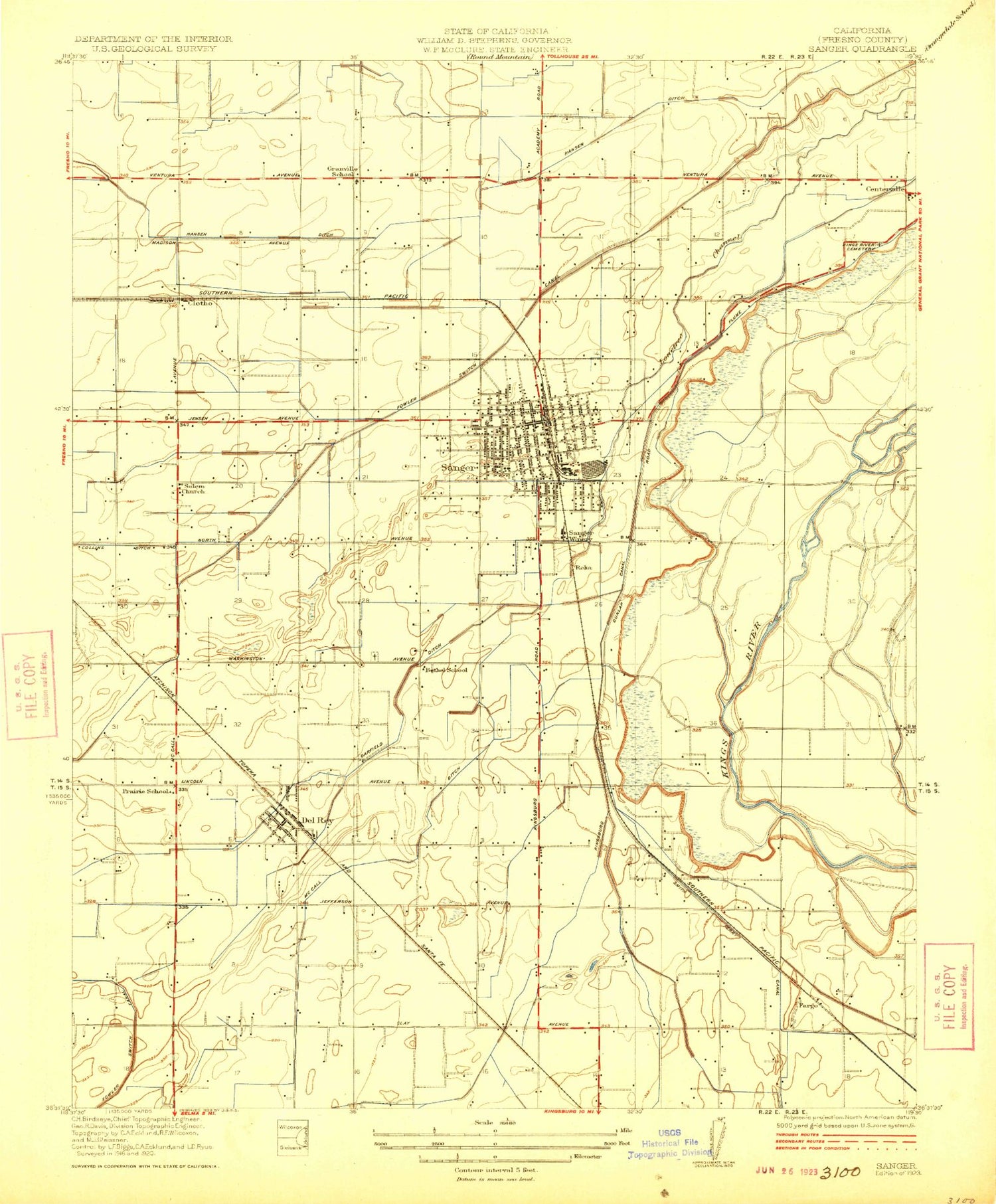 Classic USGS Sanger California 7.5'x7.5' Topo Map Image