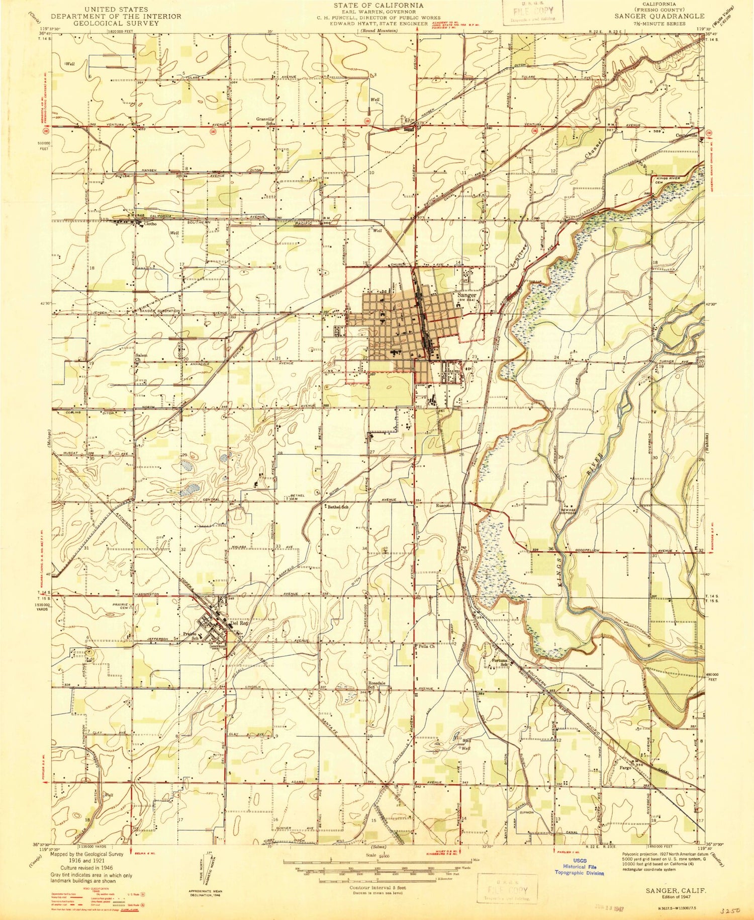 Classic USGS Sanger California 7.5'x7.5' Topo Map Image