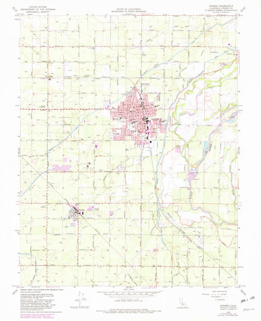 Classic USGS Sanger California 7.5'x7.5' Topo Map Image