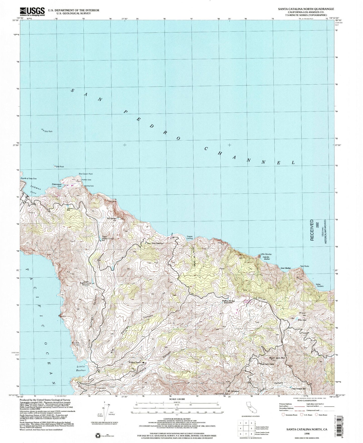 Classic USGS Santa Catalina North California 7.5'x7.5' Topo Map Image