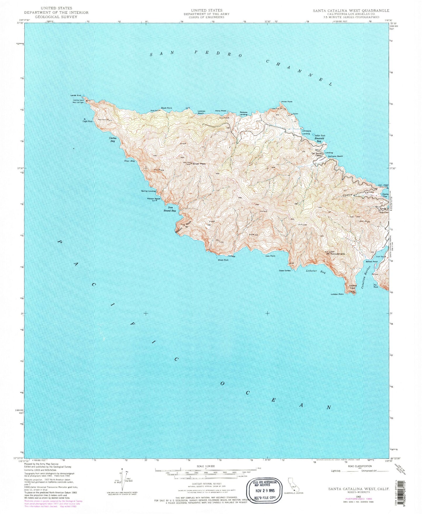 Classic USGS Santa Catalina West California 7.5'x7.5' Topo Map Image