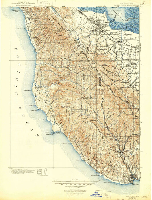 Historic 1902 Santa Cruz California 30'x30' Topo Map Image