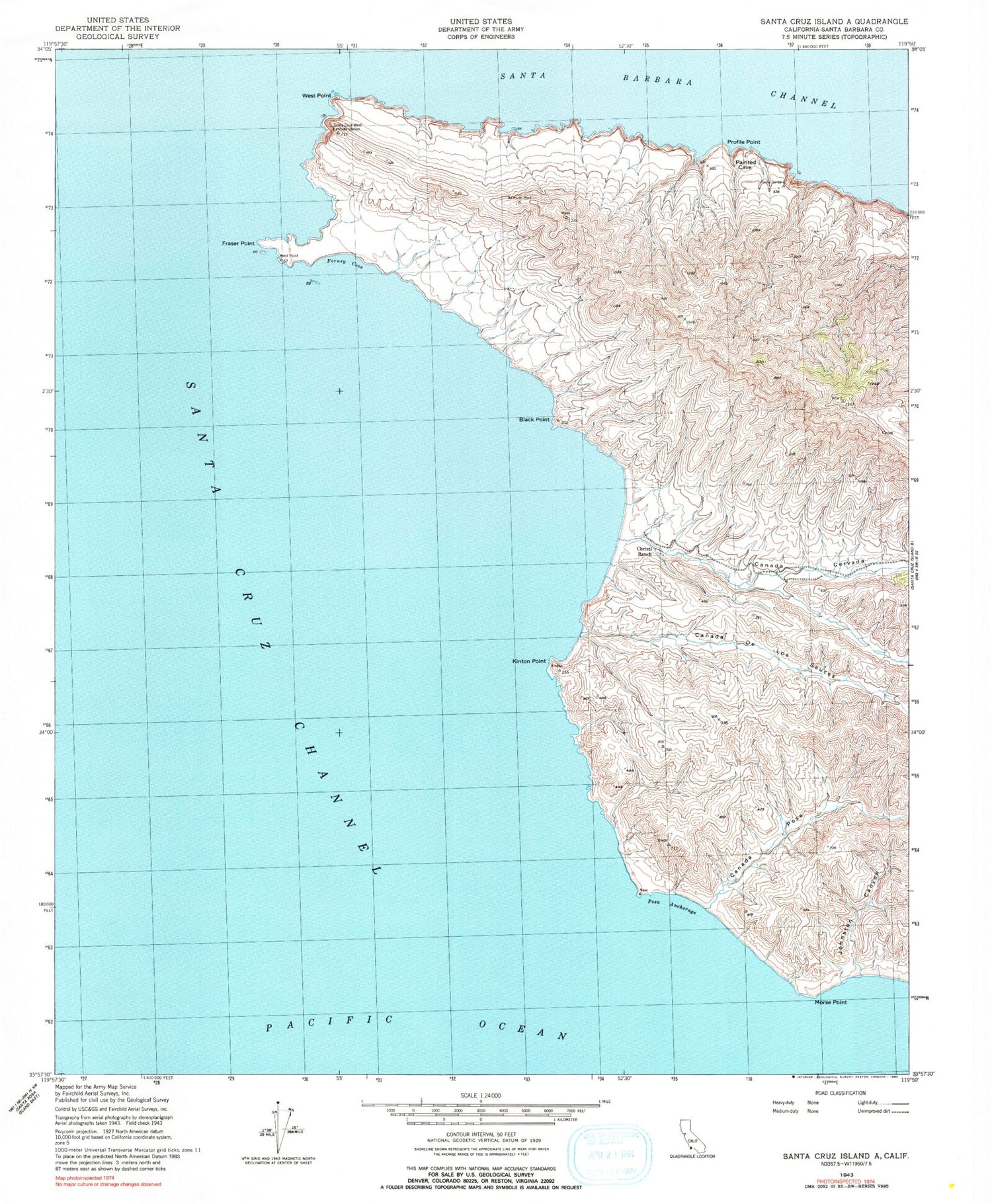 Classic USGS Santa Cruz Island A California 7.5'x7.5' Topo Map Image