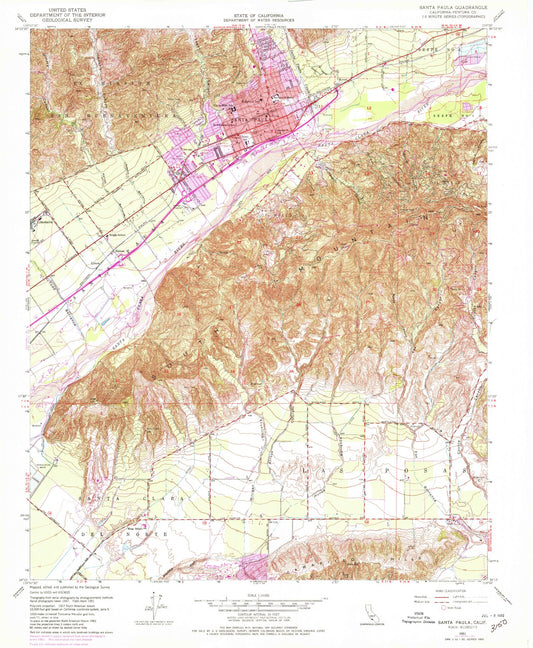 Classic USGS Santa Paula California 7.5'x7.5' Topo Map Image