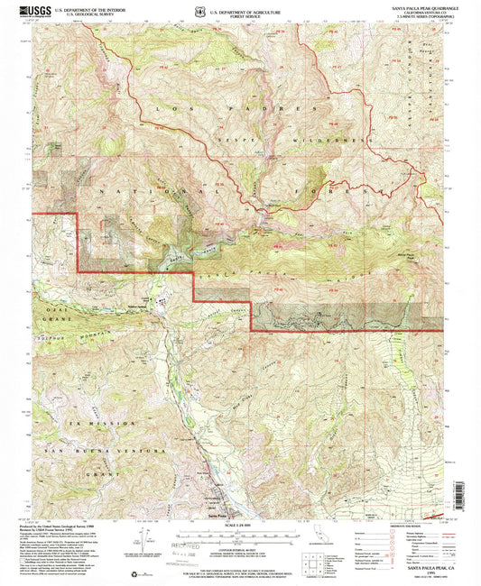 Classic USGS Santa Paula Peak California 7.5'x7.5' Topo Map Image
