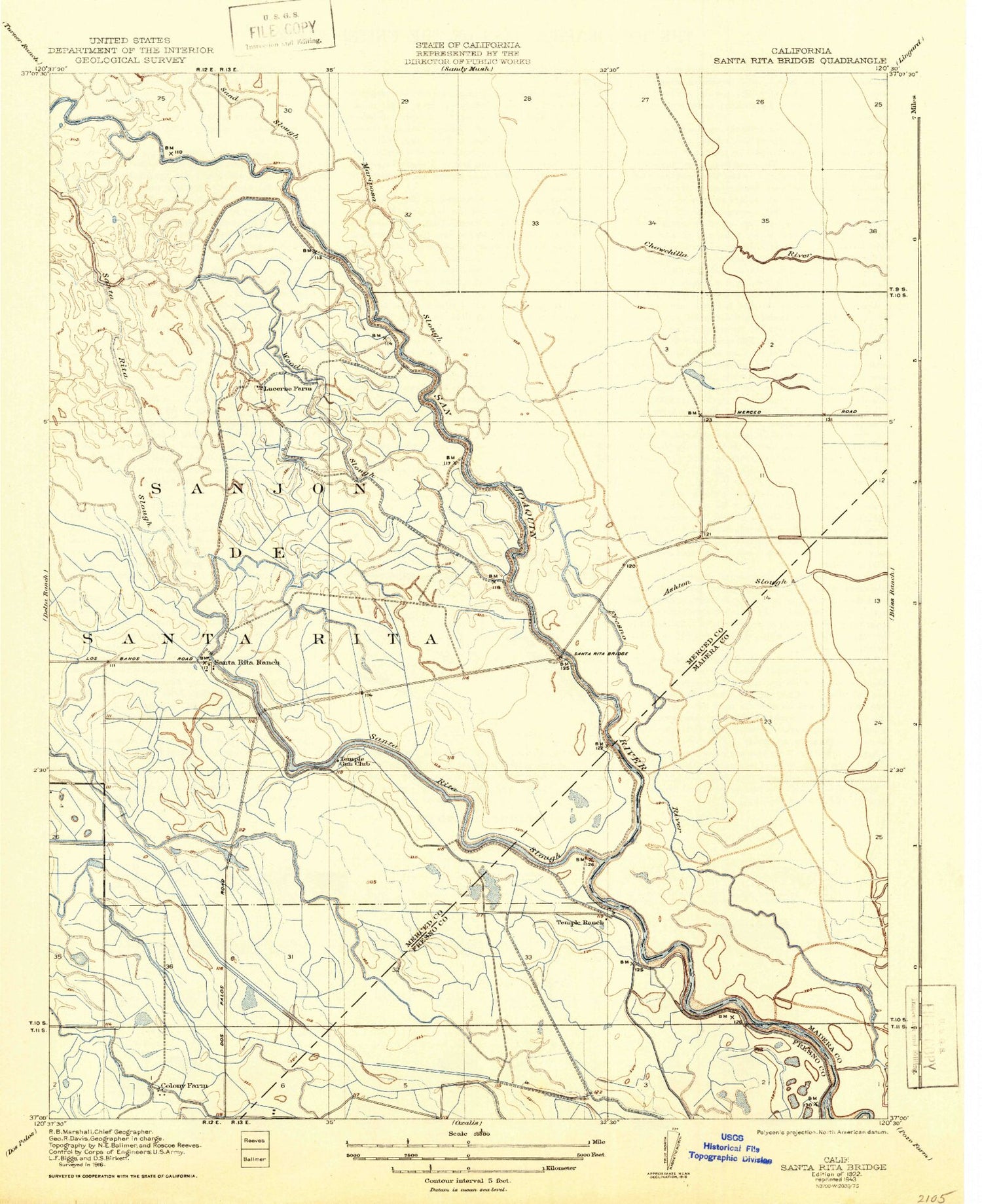 Classic USGS Santa Rita Bridge California 7.5'x7.5' Topo Map Image