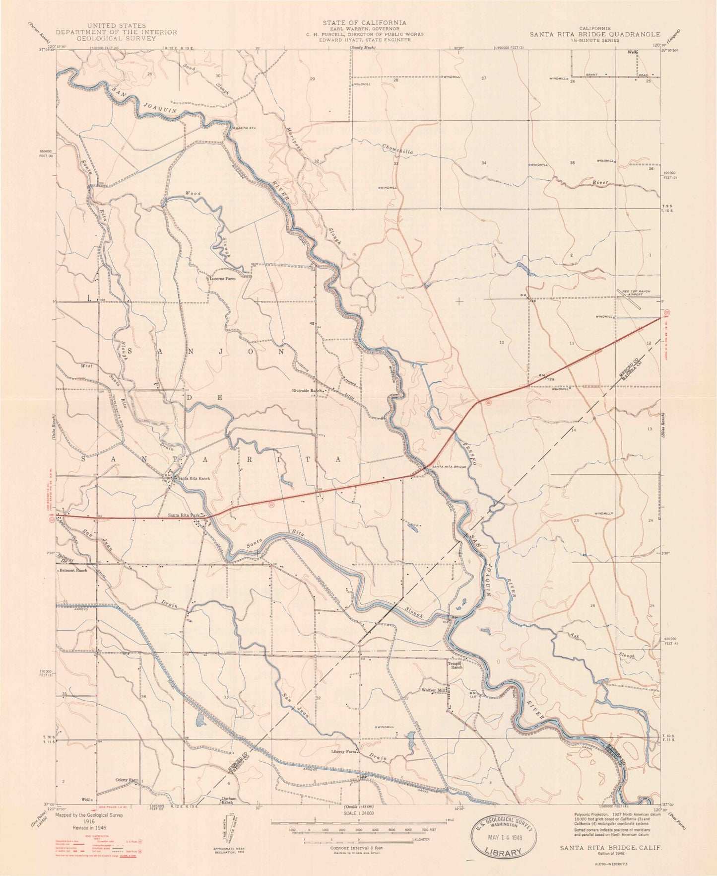 Classic USGS Santa Rita Bridge California 7.5'x7.5' Topo Map Image