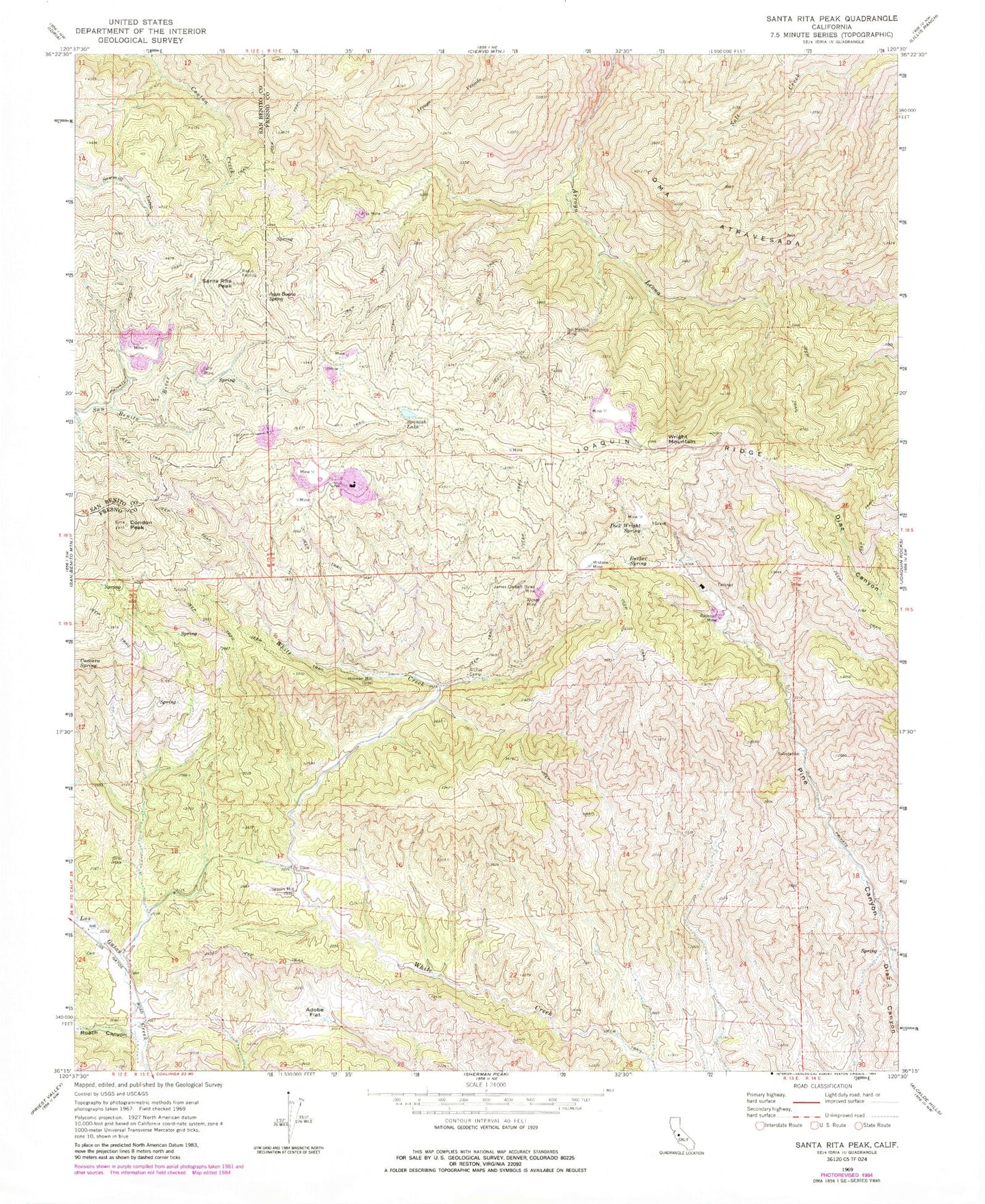 Classic USGS Santa Rita Peak California 7.5'x7.5' Topo Map Image
