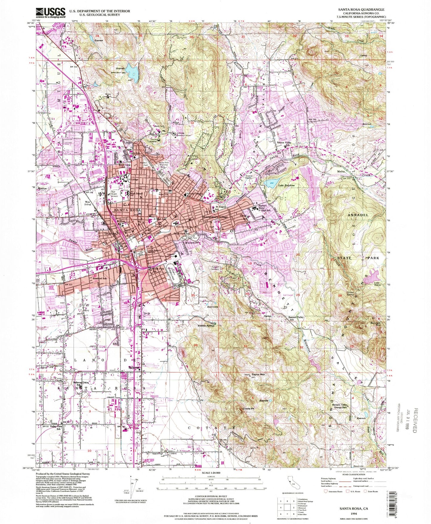 Classic USGS Santa Rosa California 7.5'x7.5' Topo Map Image