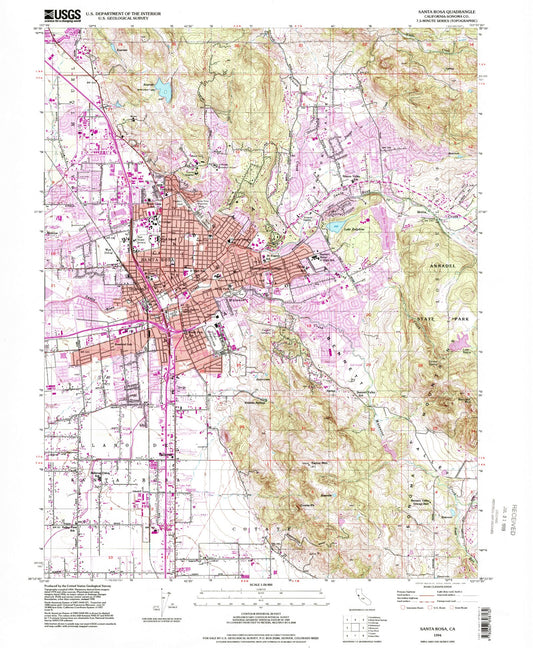 Classic USGS Santa Rosa California 7.5'x7.5' Topo Map Image