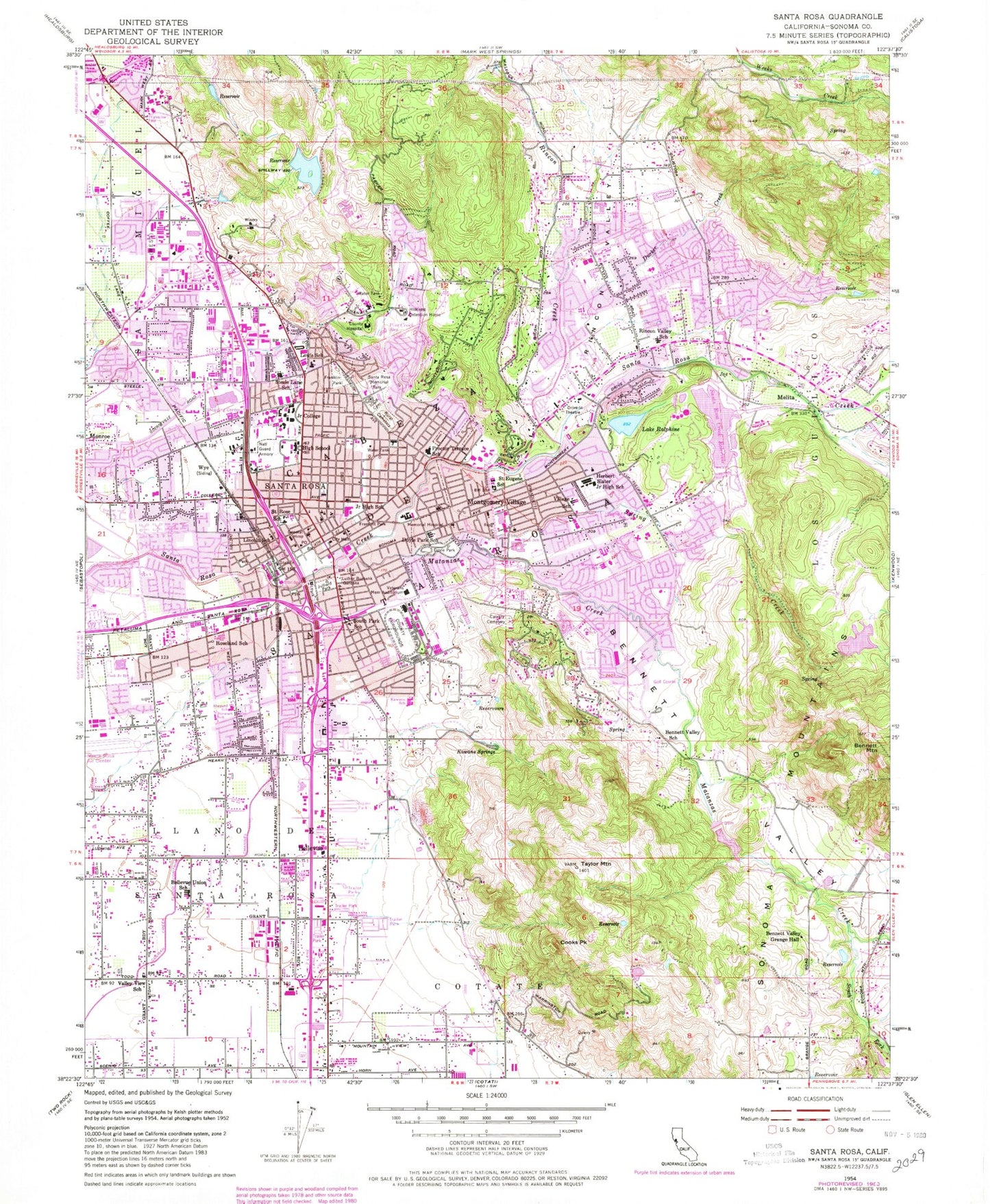 Classic USGS Santa Rosa California 7.5'x7.5' Topo Map Image