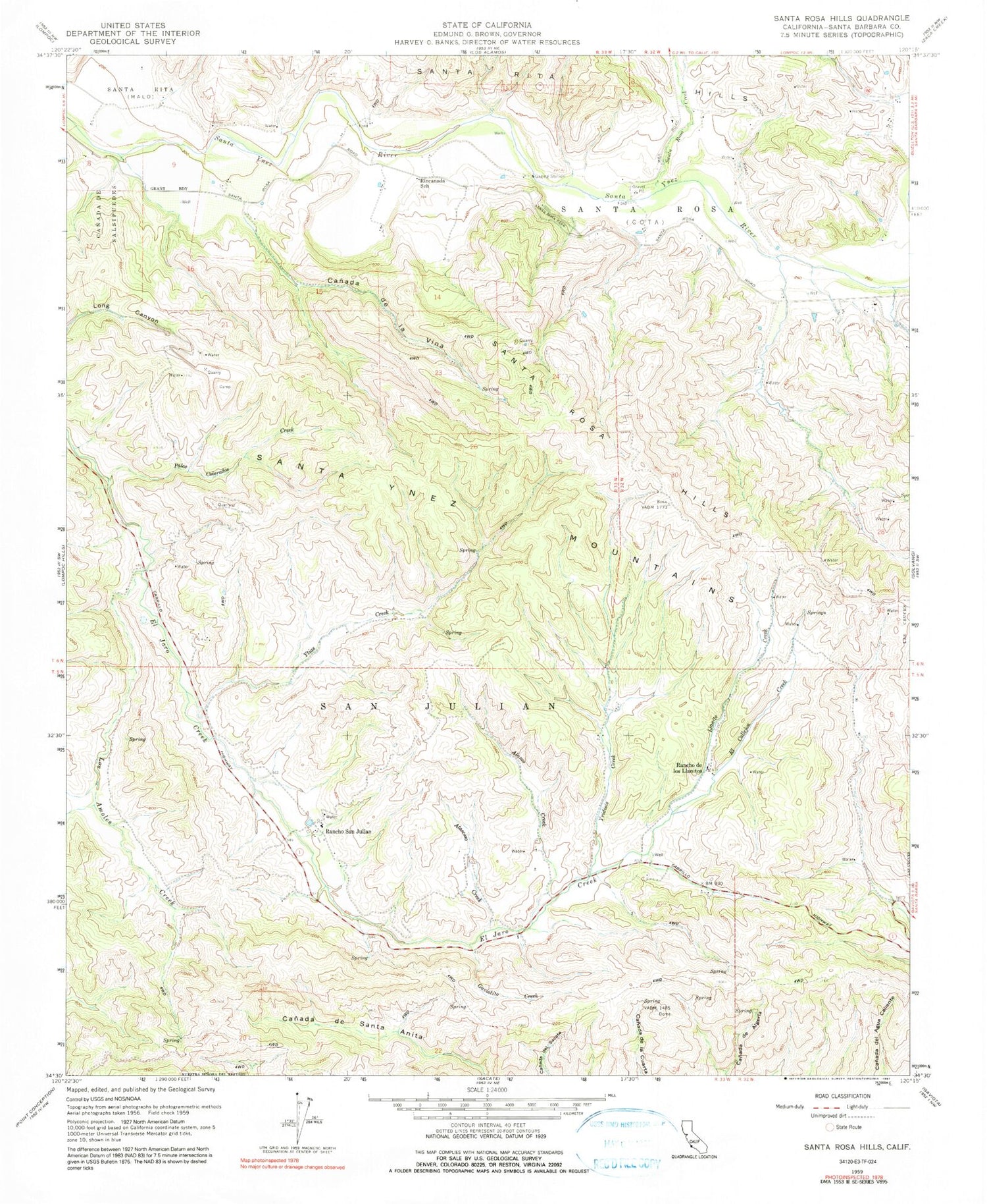 Classic USGS Santa Rosa Hills California 7.5'x7.5' Topo Map Image