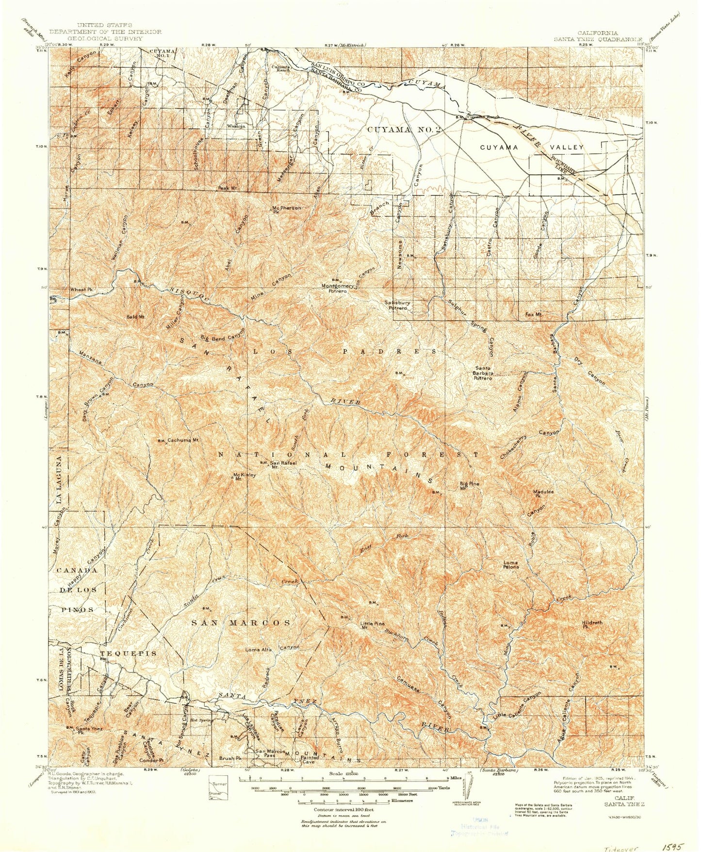 Historic 1905 Santa Ynez California 30'x30' Topo Map Image