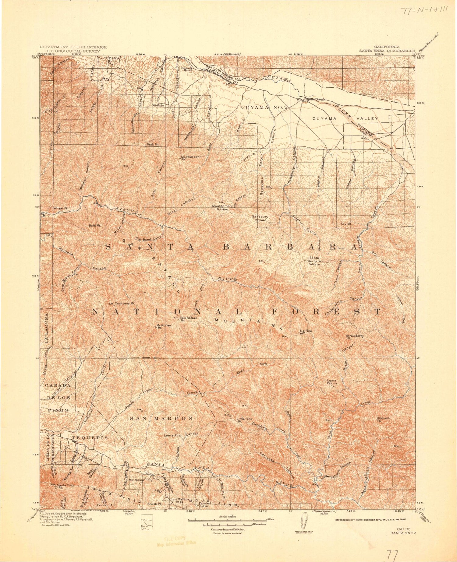 Historic 1902 Santa Ynez California 30'x30' Topo Map Image