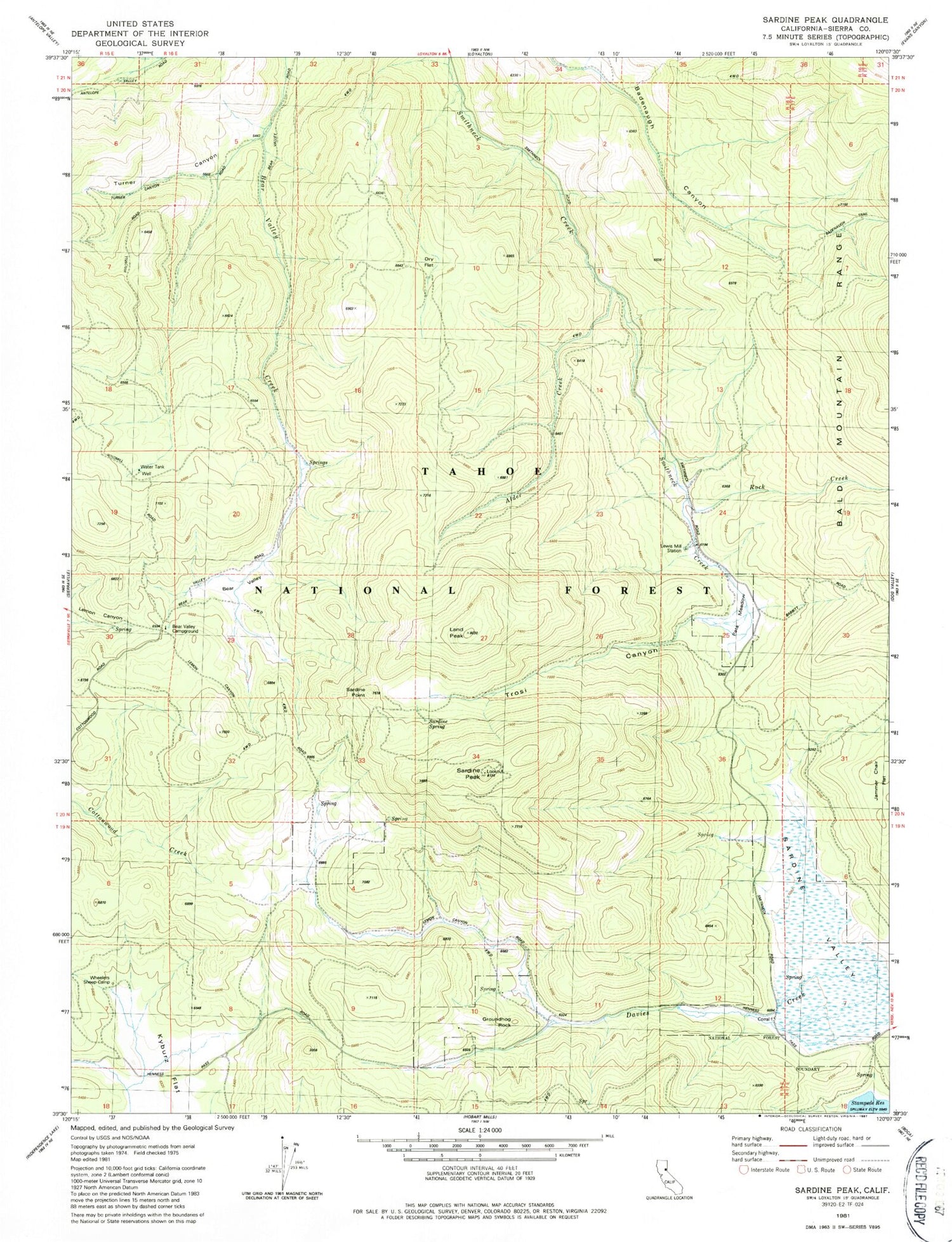 Classic USGS Sardine Peak California 7.5'x7.5' Topo Map Image