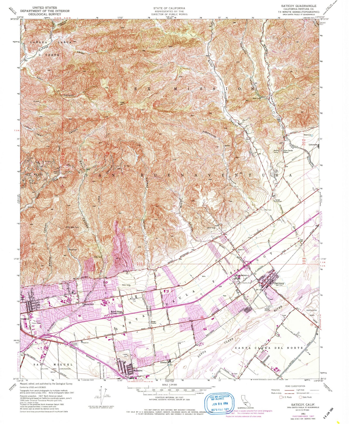 Classic USGS Saticoy California 7.5'x7.5' Topo Map Image