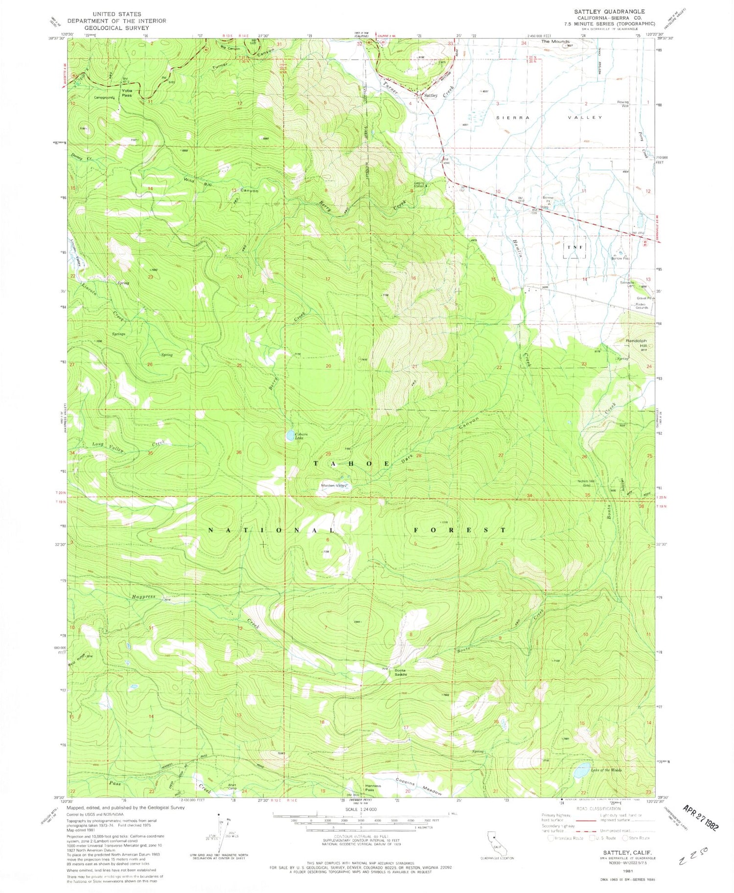 Classic USGS Sattley California 7.5'x7.5' Topo Map Image