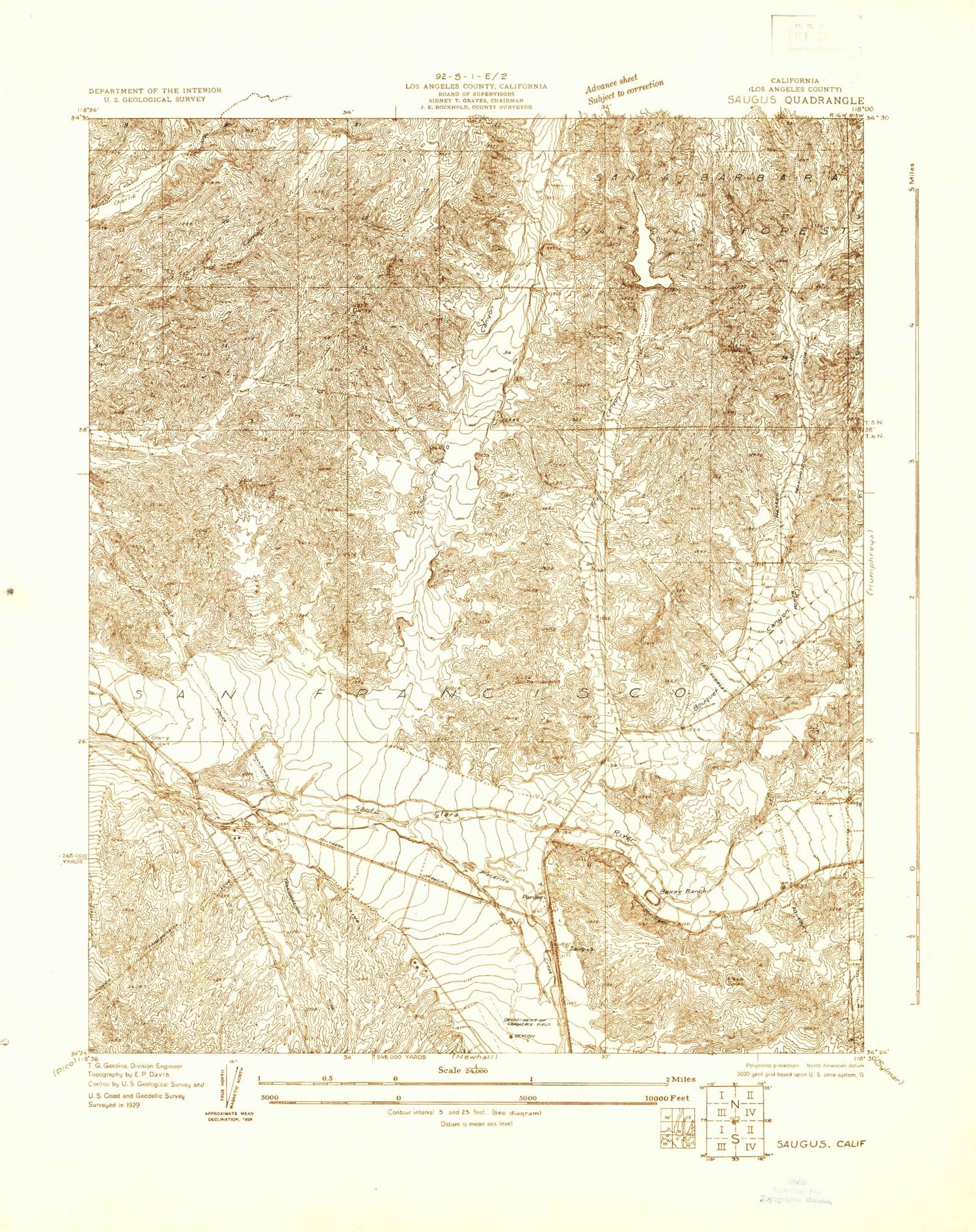 Classic USGS Saugus California 7.5'x7.5' Topo Map Image