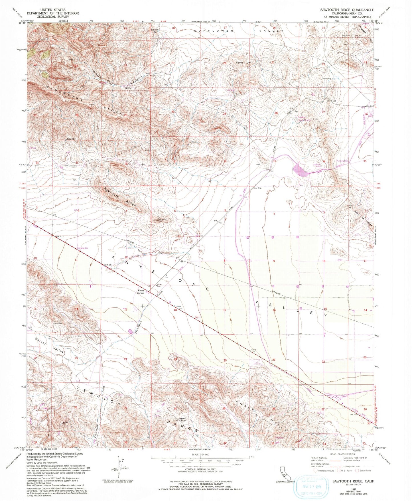 Classic USGS Sawtooth Ridge California 7.5'x7.5' Topo Map Image