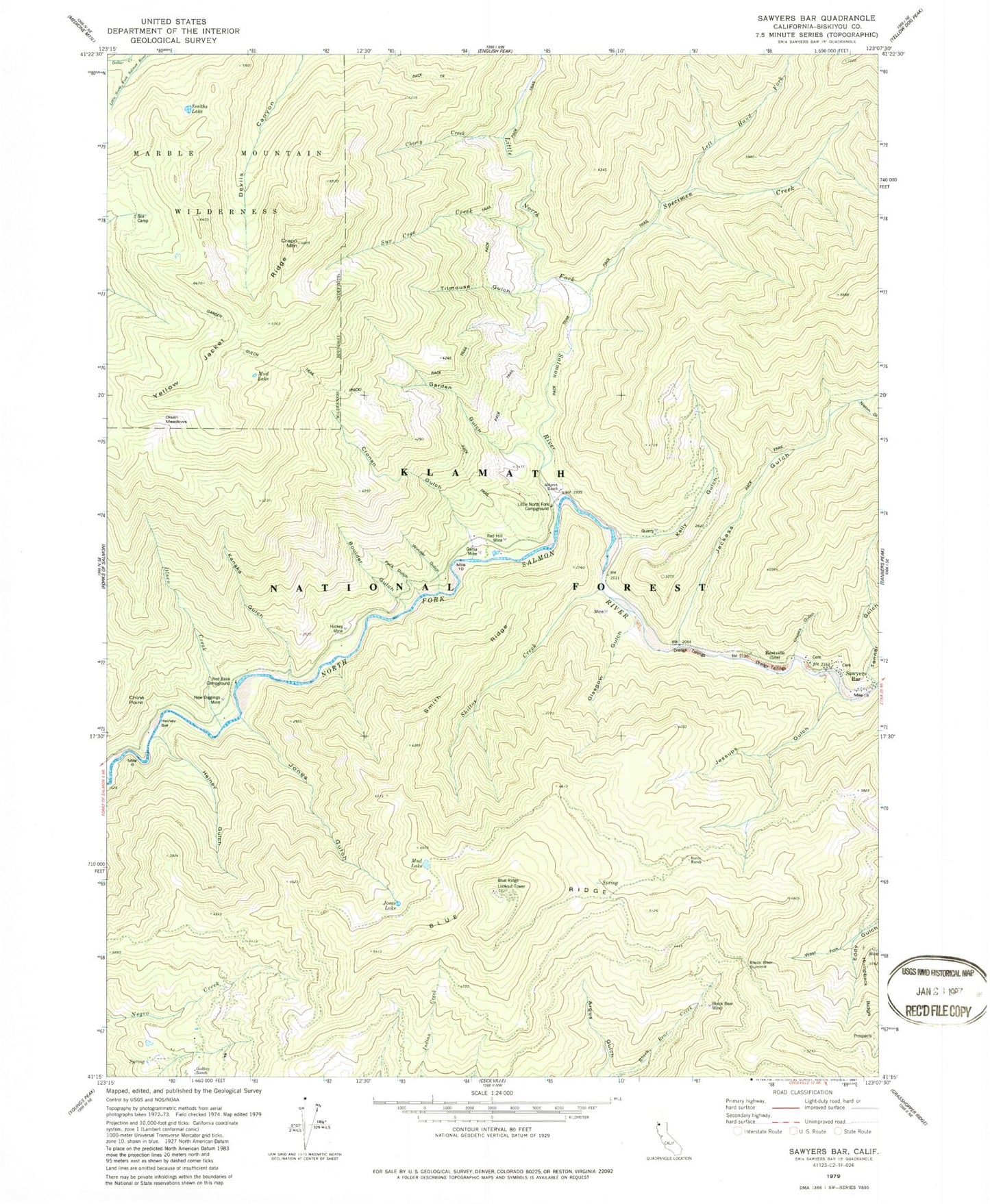 Classic USGS Sawyers Bar California 7.5'x7.5' Topo Map Image