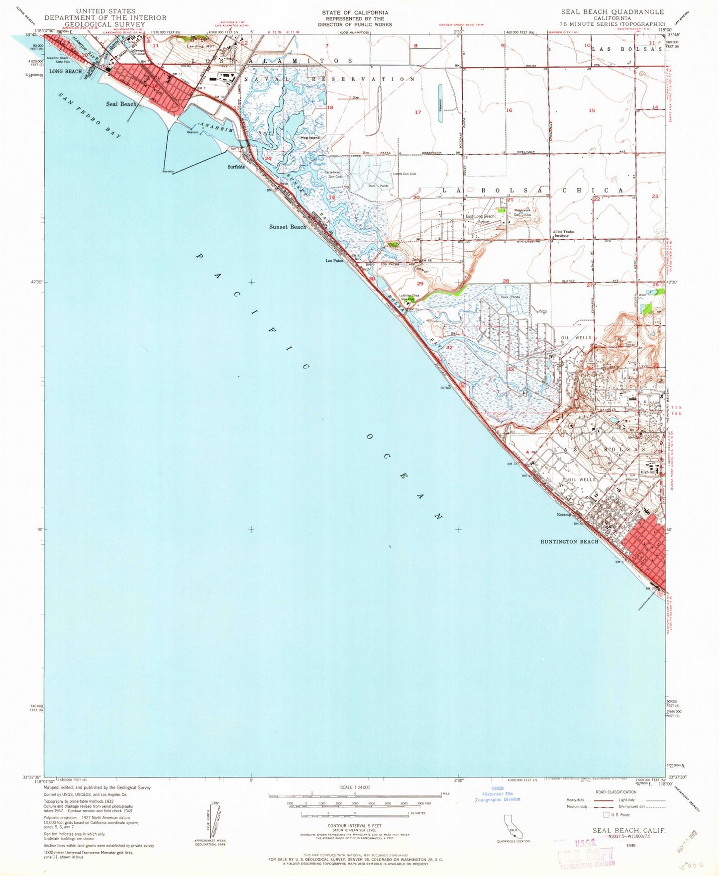 Classic USGS Seal Beach California 7.5'x7.5' Topo Map Image