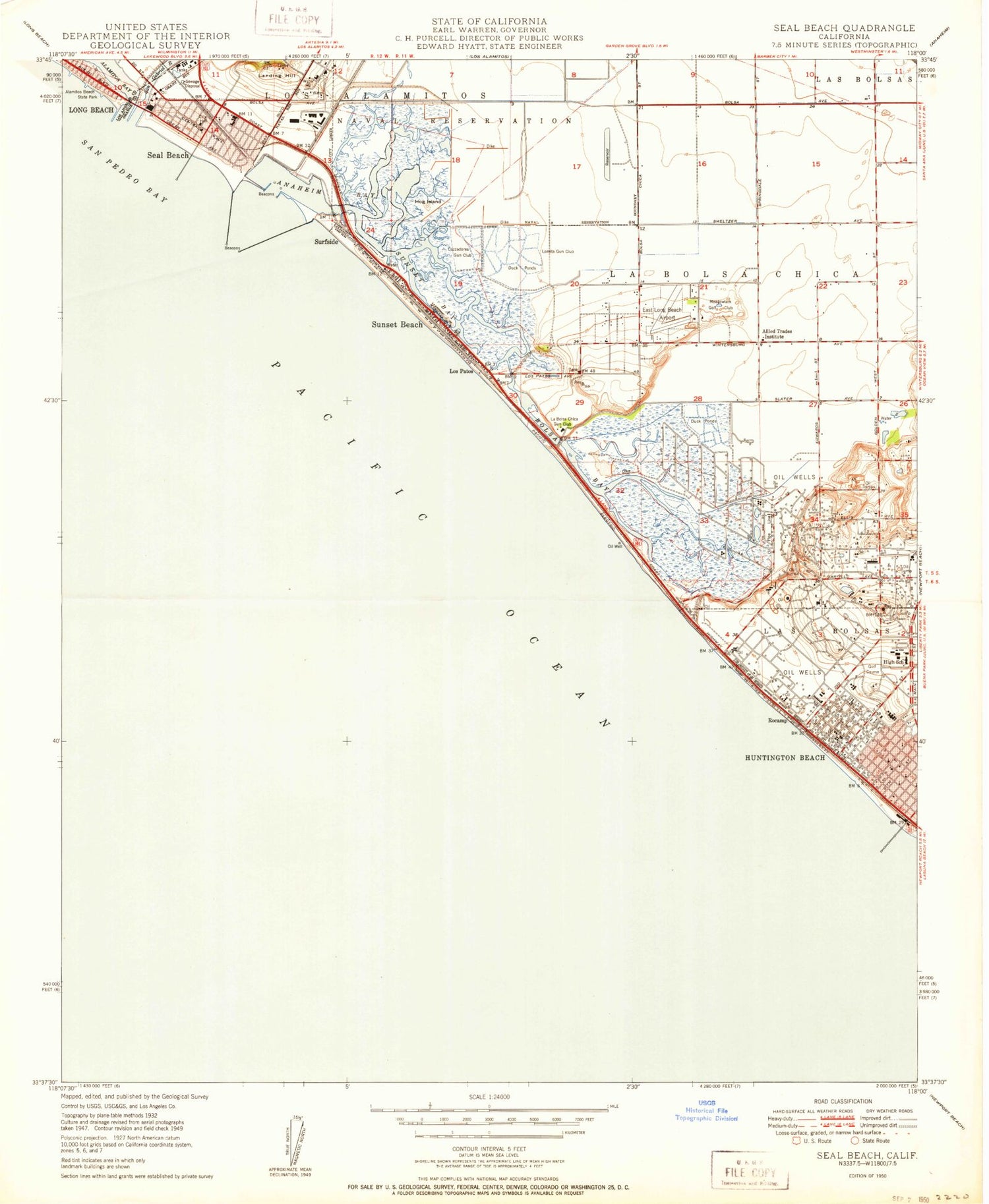 Classic USGS Seal Beach California 7.5'x7.5' Topo Map Image