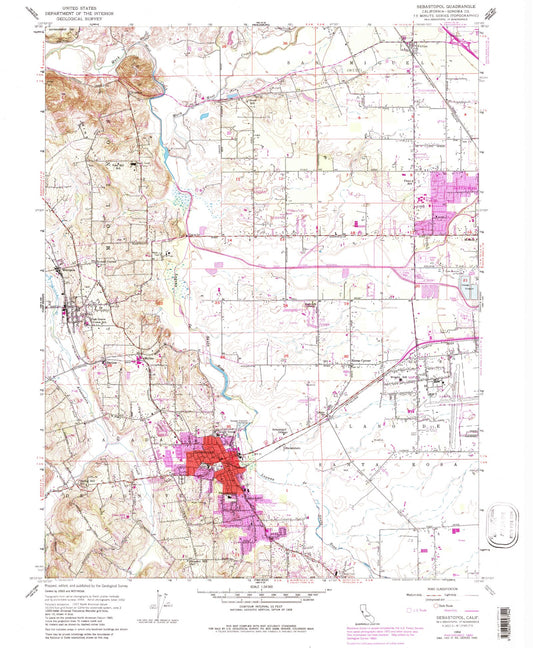 Classic USGS Sebastopol California 7.5'x7.5' Topo Map Image