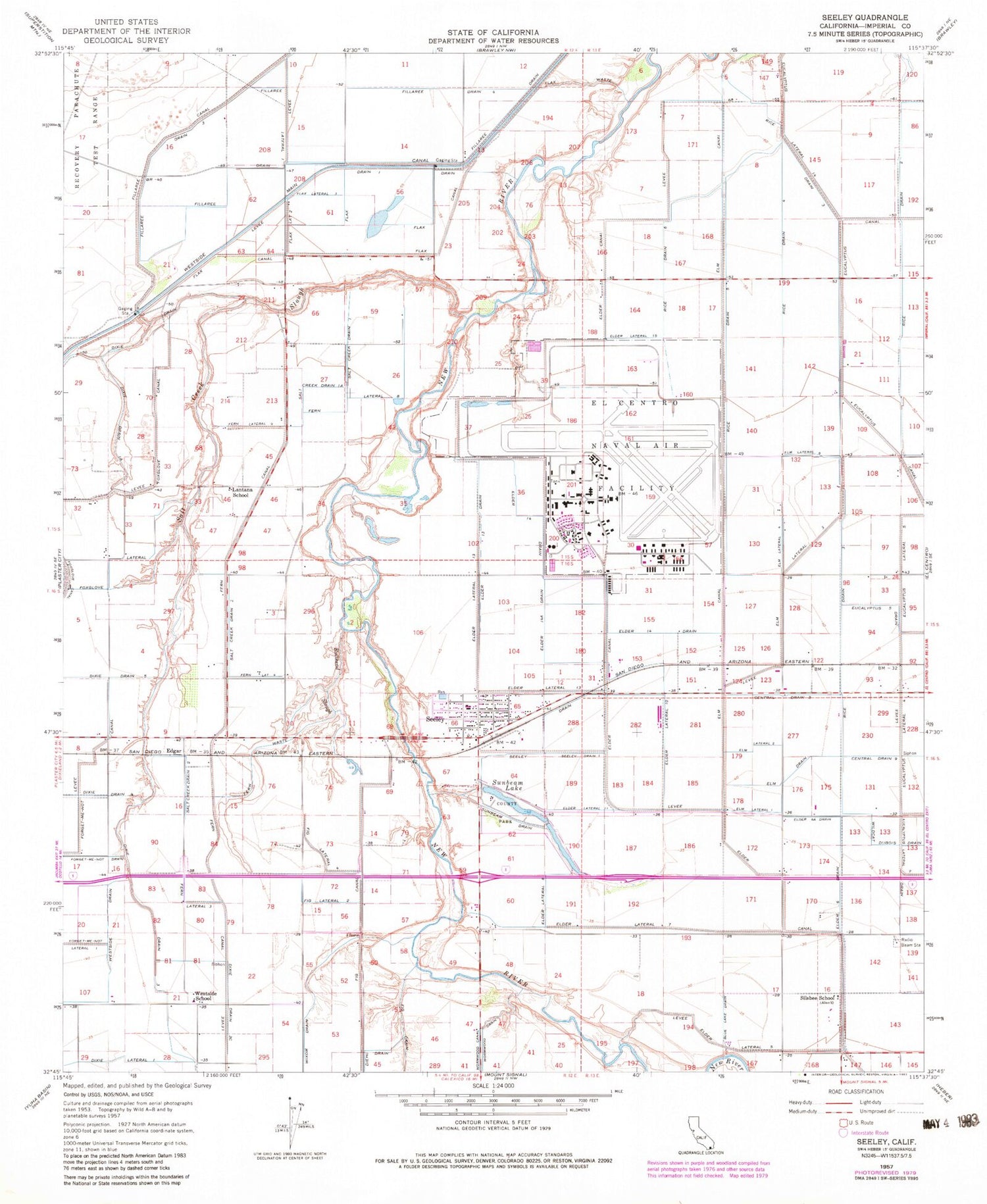 Classic USGS Seeley California 7.5'x7.5' Topo Map Image
