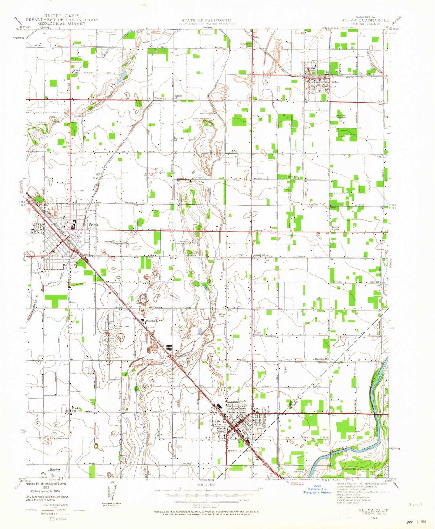 Classic USGS Selma California 7.5'x7.5' Topo Map Image