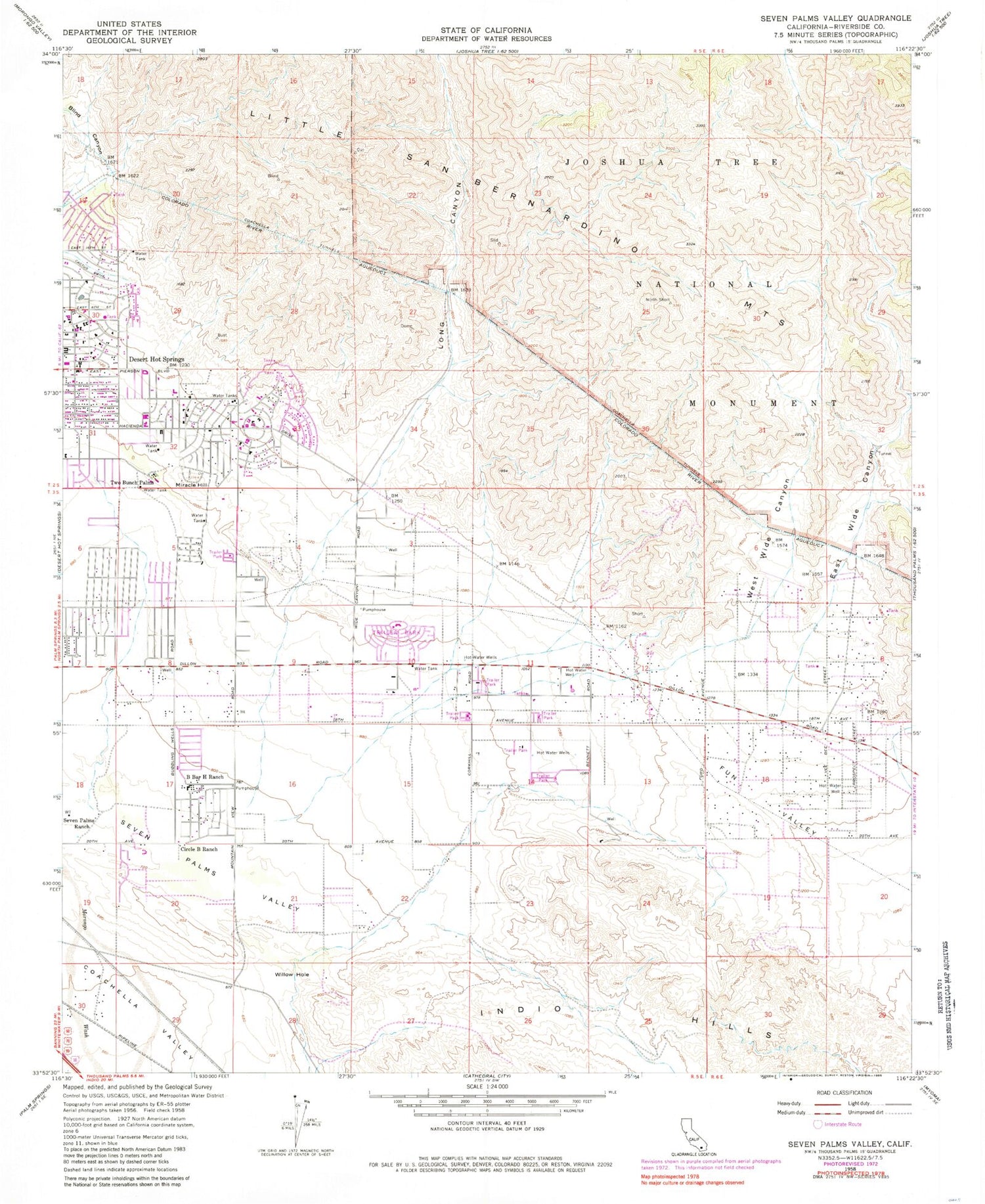 Classic USGS Seven Palms Valley California 7.5'x7.5' Topo Map Image