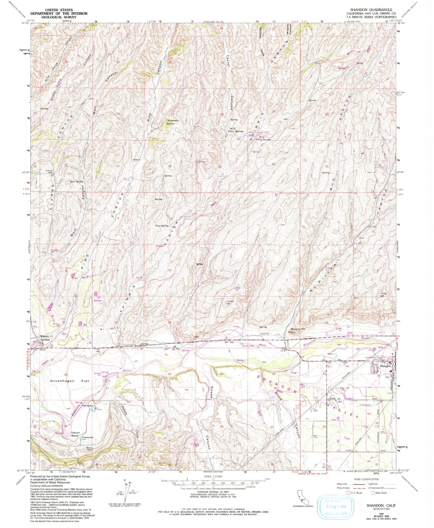 Classic USGS Shandon California 7.5'x7.5' Topo Map Image