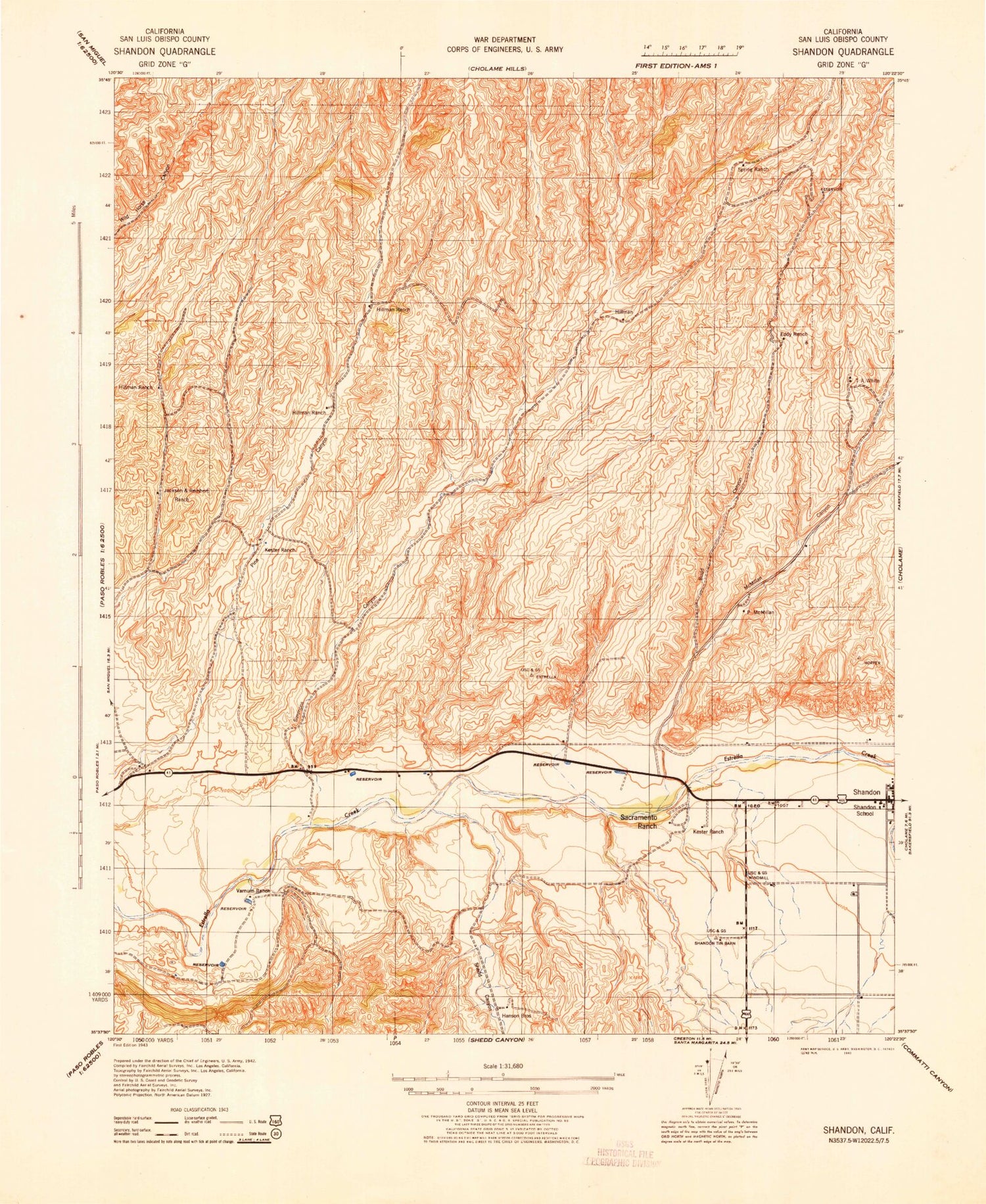 Classic USGS Shandon California 7.5'x7.5' Topo Map Image