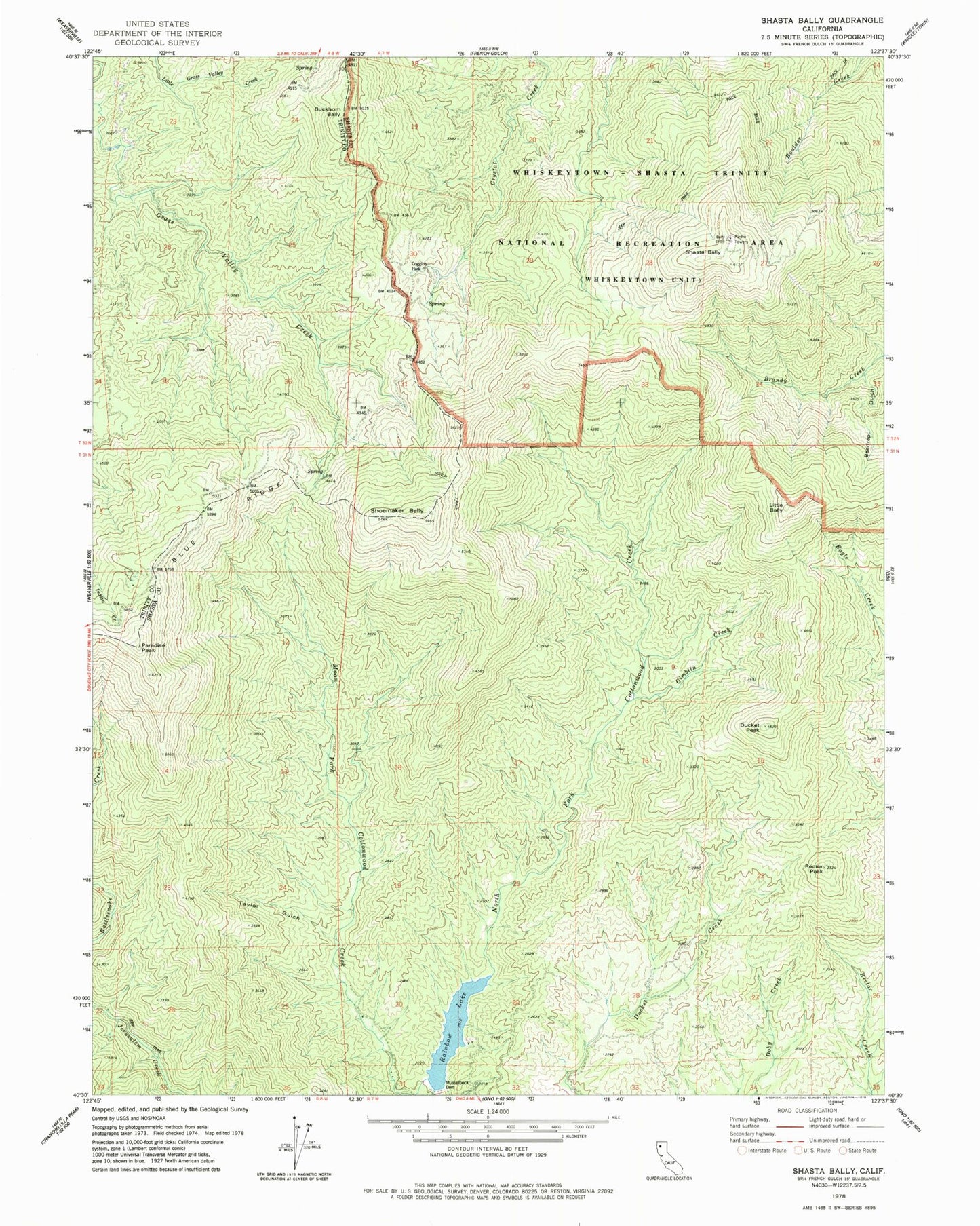 Classic USGS Shasta Bally California 7.5'x7.5' Topo Map Image