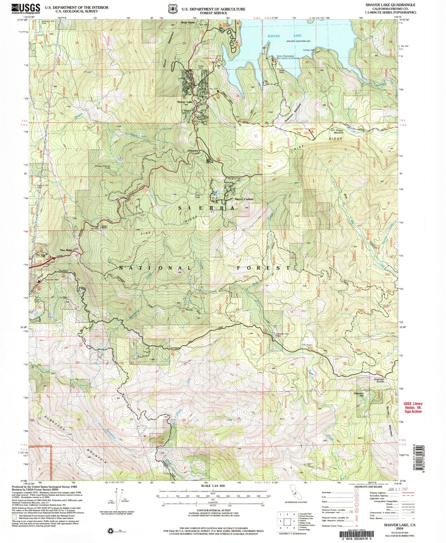 Classic USGS Shaver Lake California 7.5'x7.5' Topo Map Image