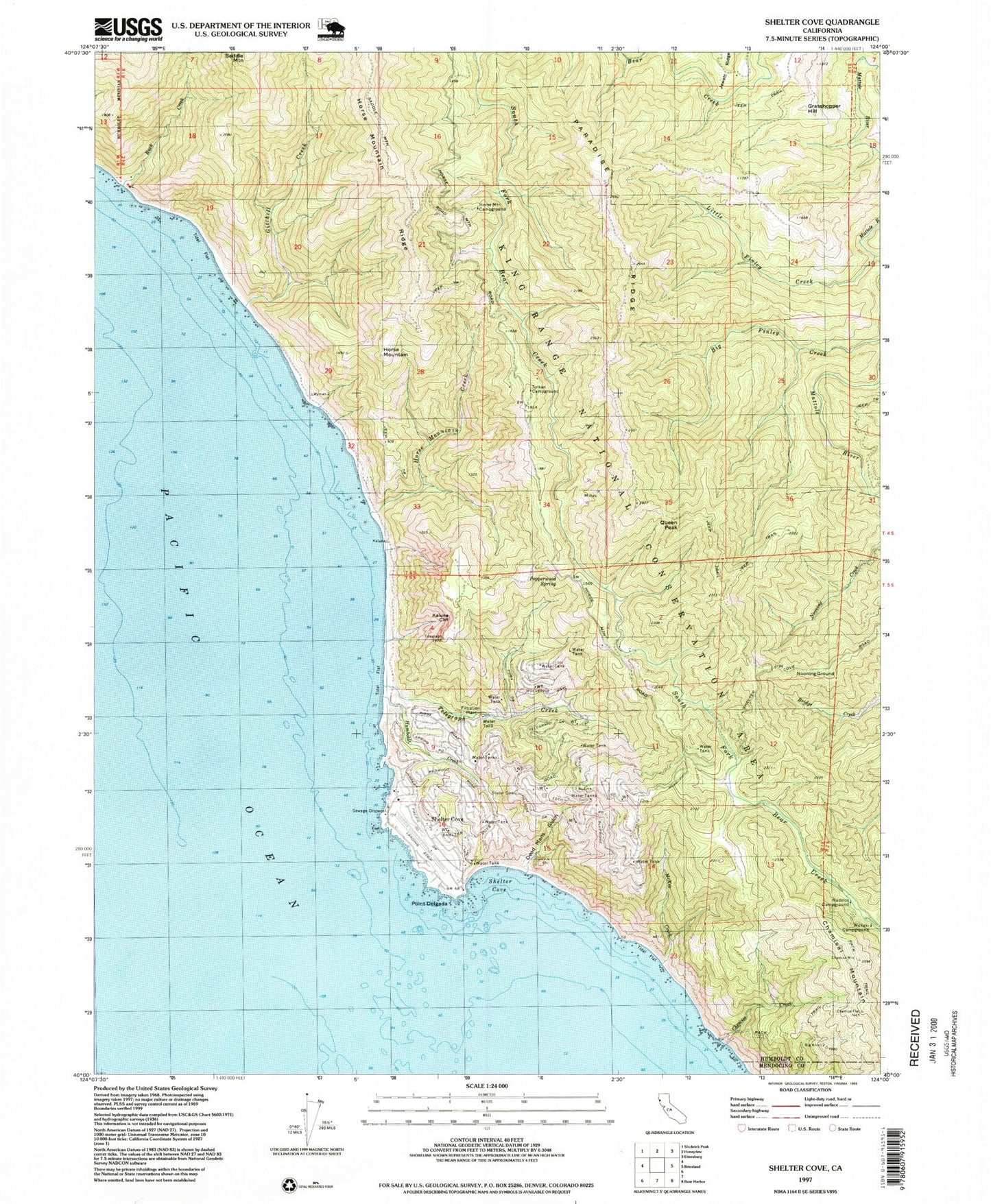 Classic USGS Shelter Cove California 7.5'x7.5' Topo Map Image
