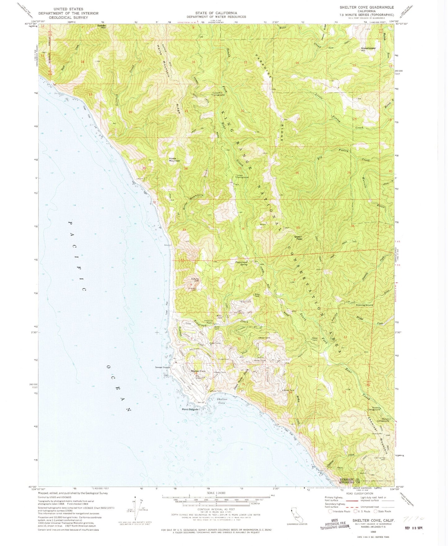 Classic USGS Shelter Cove California 7.5'x7.5' Topo Map Image