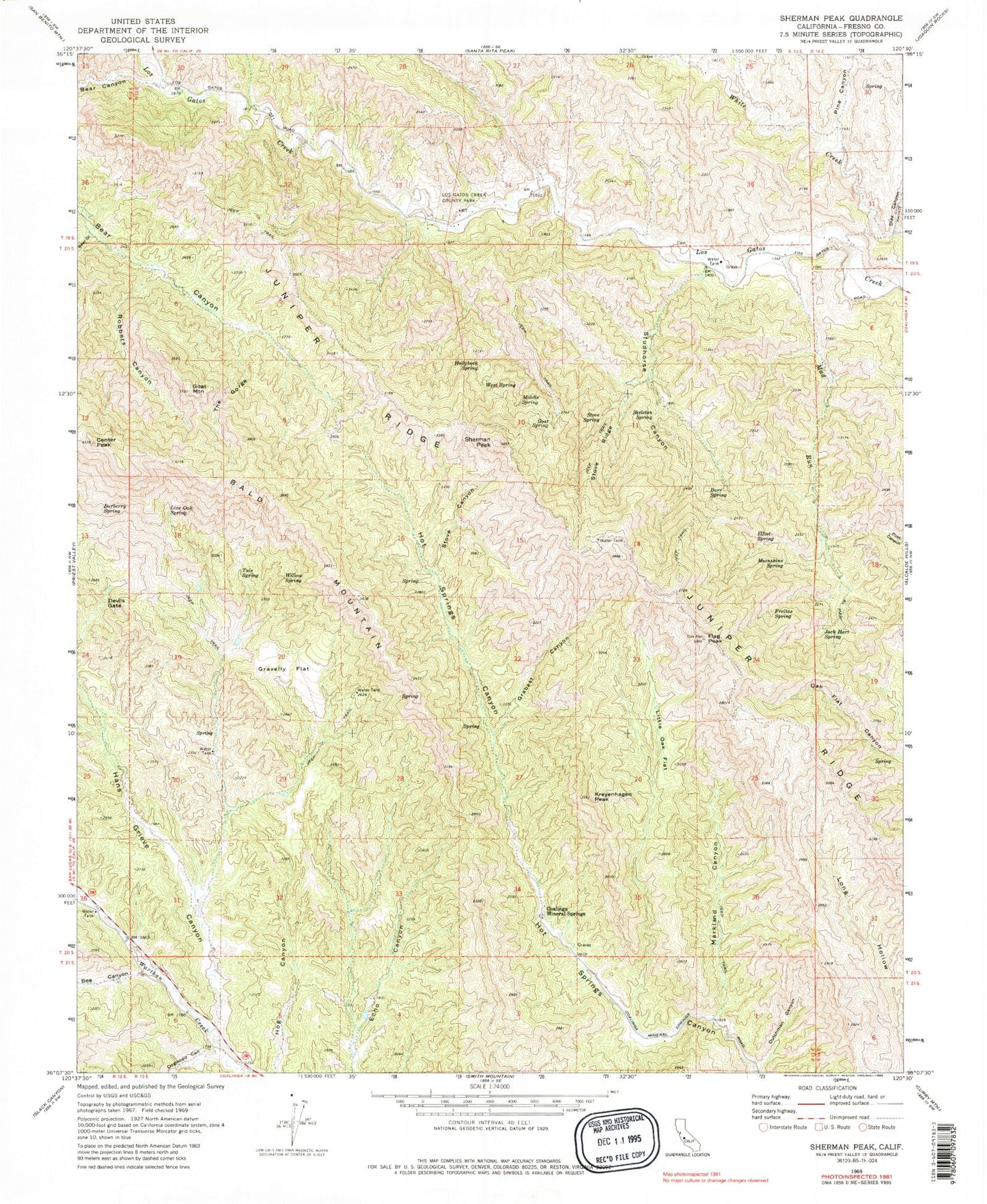 Classic USGS Sherman Peak California 7.5'x7.5' Topo Map Image